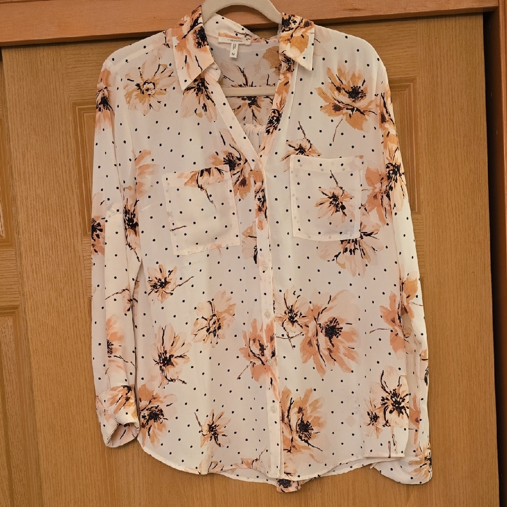 Maurices Cream Long Sleeve Notched Collar Button Down Shirt